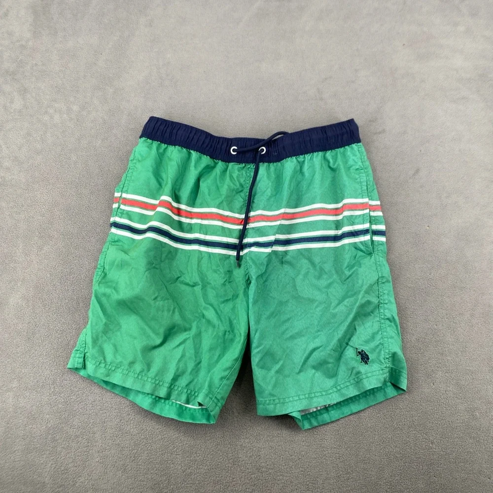 US Polo Assn Mens Green Striped Swim Trunks Navy Waistband Large 6176